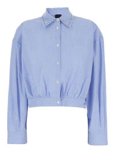 Pinko Charita Light Blue Shirt With Embellished Classic Collar And All-over Striped Motif In Cotton Woman