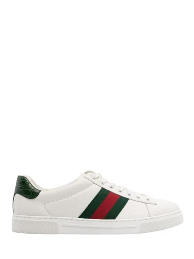 Gucci Leather Ace Sneakers Studded Heel Perforated Upper Rubber Sole In White