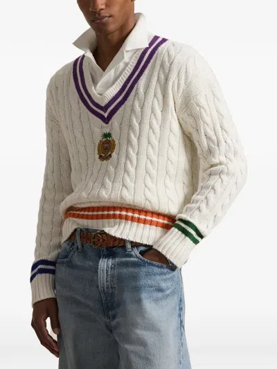 Polo Ralph Lauren Mens Cream Combo Crest-embroidered Cable-knit Cotton And Linen Jumper Xl In White