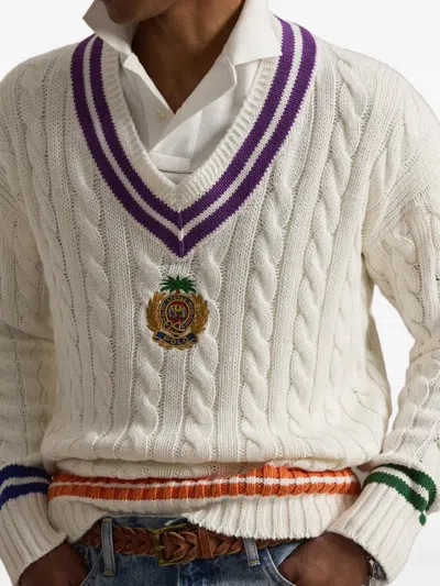 Polo Ralph Lauren Mens Cream Combo Crest-embroidered Cable-knit Cotton And Linen Jumper Xl In White