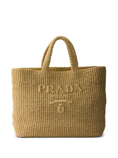 Prada Crochet Tote Bag Rectangular Shape Handles In Brown