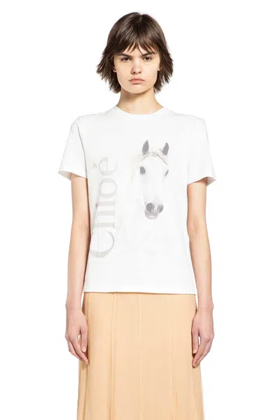 Chloé Cotton Crew Neck Graphic Short Sleeve T-shirt In White