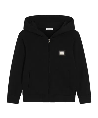 Dolce & Gabbana Logo-plaque Zip-up Cotton Hoodie In Black
