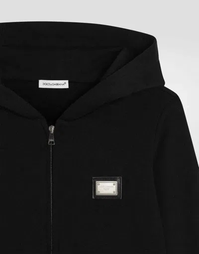 Dolce & Gabbana Logo-plaque Zip-up Cotton Hoodie In Black