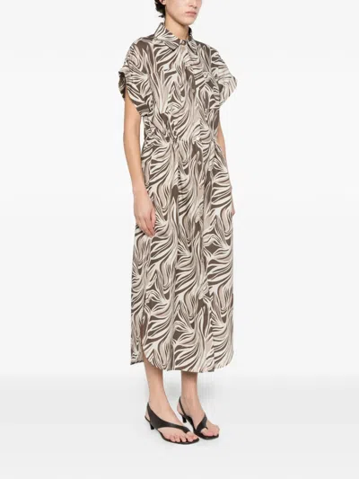 Panicale Patterned Collared Midi Dress In Brown