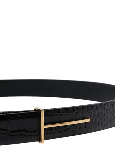 Tom Ford Crocodile-effect Logo Belt In Black