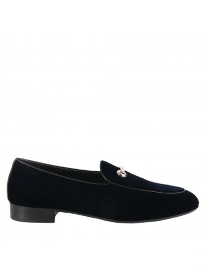 Shop Giuseppe Zanotti Velvet Loafers In Navy Blue
