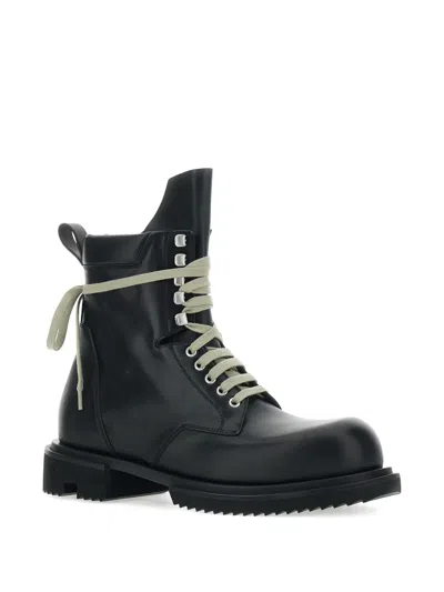 Rick Owens Low Army Black Ankle Boots With Decorative Oversize Laces And Lug Sole In Leather Man In Black