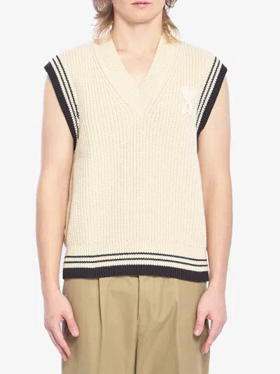 Ami Alexandre Mattiussi Ami Paris Ribbed Wool Sleeveless Ami De Coeur Sweater In Neutral