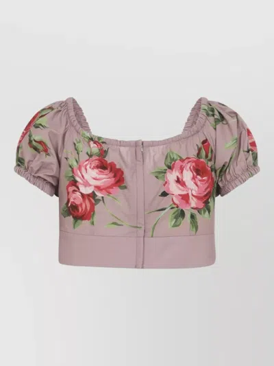 Dolce & Gabbana Women Pink Crop Top With Floral Print And Double Knot In Cotton Woman In Neutral