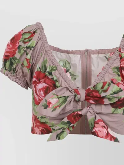 Dolce & Gabbana Women Pink Crop Top With Floral Print And Double Knot In Cotton Woman In Neutral
