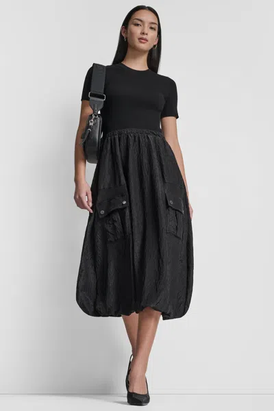 Dkny Mixed Media Cargo Pocket Midi Dress In Black