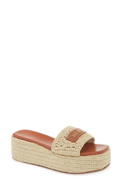 Versace Logo-embellished Raffia Platform Slides In Brown