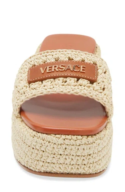 Versace Logo-embellished Raffia Platform Slides In Brown