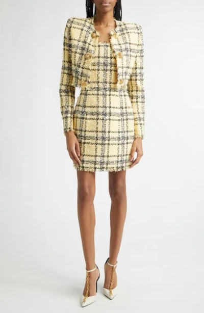 Balmain Check Paillette Tweed Sleeveless Mini Dress In Yellow