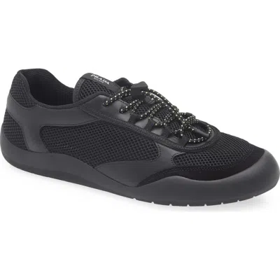Prada Speedrock Leather And Mesh Fabric Sneakers Shoes In Black