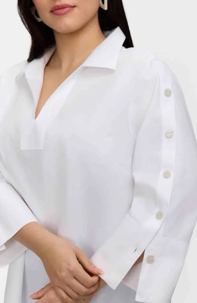 Foxcroft Lainey Button Accent Cotton Popover Top In White