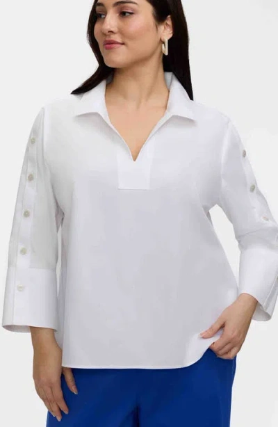 Foxcroft Lainey Button Accent Cotton Popover Top In White