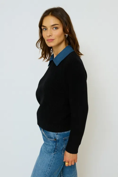 Central Park West Dash Denim Collar Pullover In Black
