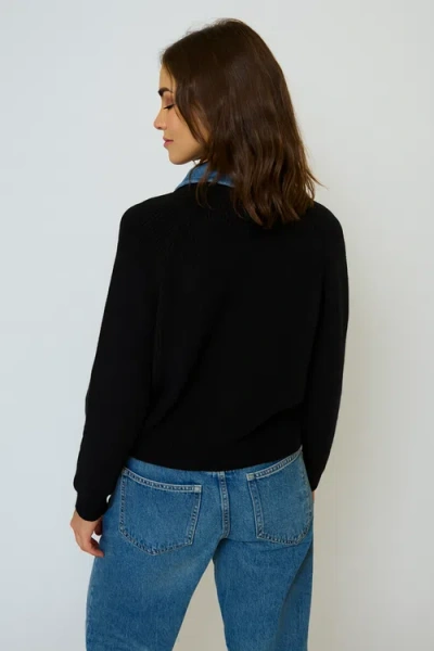 Central Park West Dash Denim Collar Pullover In Black