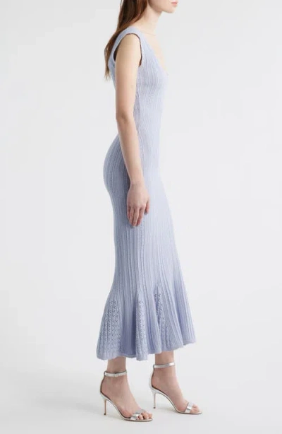 Loveshackfancy Tayleen Pointelle-knit Fluted Midi Dress In Blue