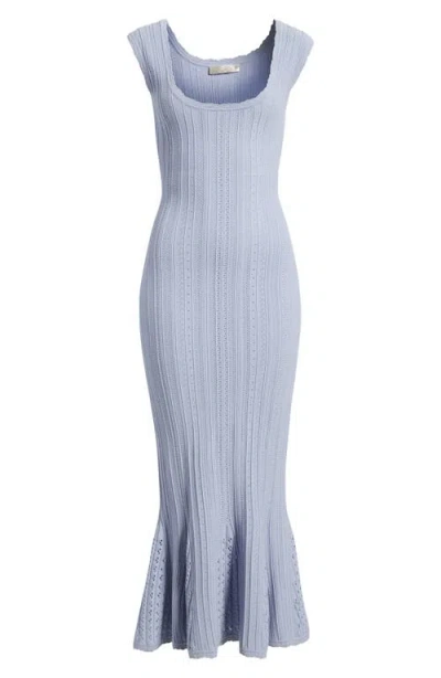 Loveshackfancy Tayleen Pointelle-knit Fluted Midi Dress In Blue