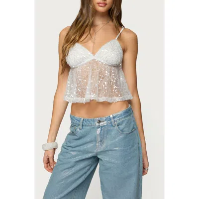 Edikted Sheer Sequin Mesh Babydoll Camisole In White