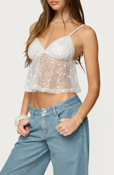 Edikted Sheer Sequin Mesh Babydoll Camisole In White