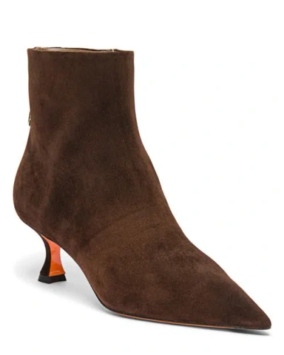Santoni Suede Mid-heel Ankle Boot With Back Decorative Strap In Brown