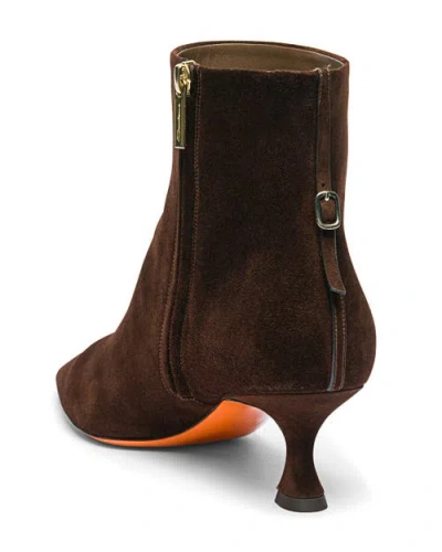 Santoni Suede Mid-heel Ankle Boot With Back Decorative Strap In Brown