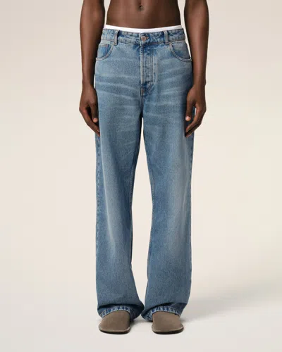 Ami Alexandre Mattiussi Ami Straight-leg Denim Jeans With Faded Blue Wash And Leather Accent