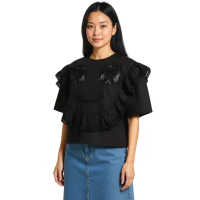 Pushbutton Lace-embellished Ruffle Blouse In Multi