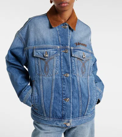 Versace Cotton Denim Jacket Long Sleeves Contrast Collar In Blue