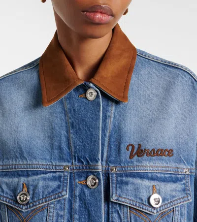 Versace Cotton Denim Jacket Long Sleeves Contrast Collar In Blue