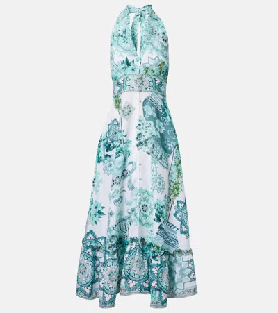 Camilla Embellished Ruffled Halterneck Linen Midi Dress In Blue