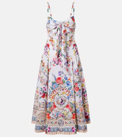 Camilla Ballerina Tie-detailed Cutout Ruched Floral-print Cotton-blend Midi Dress In Multi