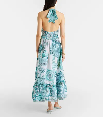 Camilla Embellished Ruffled Halterneck Linen Midi Dress In Blue