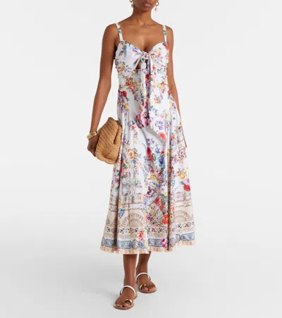 Camilla Ballerina Tie-detailed Cutout Ruched Floral-print Cotton-blend Midi Dress In Multi