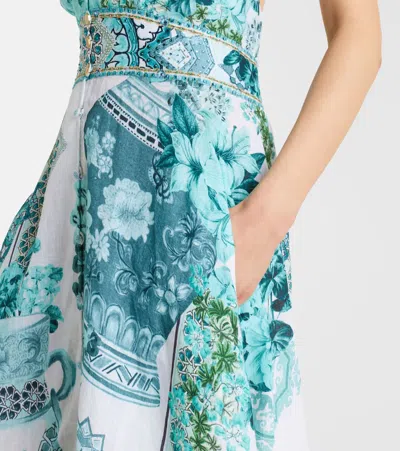 Camilla Embellished Ruffled Halterneck Linen Midi Dress In Blue