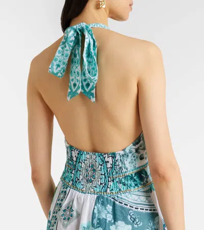 Camilla Embellished Ruffled Halterneck Linen Midi Dress In Blue