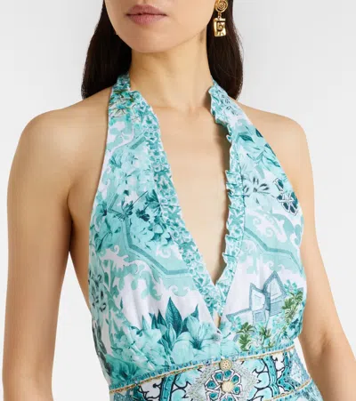 Camilla Embellished Ruffled Halterneck Linen Midi Dress In Blue