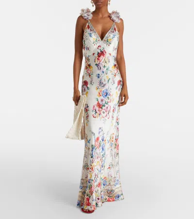 Camilla V Neck Bias Slip Dress With Back Frill In Multi