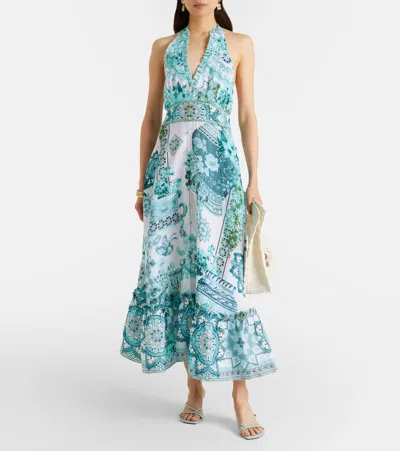 Camilla Embellished Ruffled Halterneck Linen Midi Dress In Blue