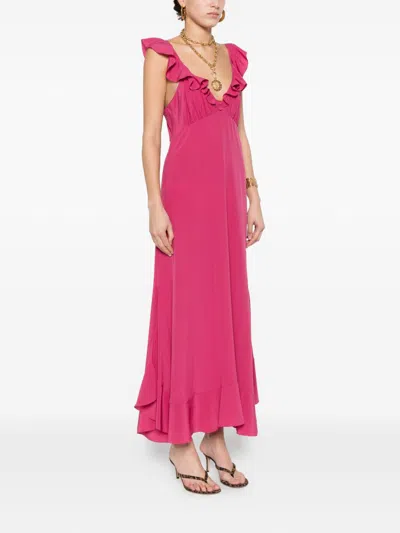 Chloé Maxi Dress Flared Hem Ruffled Neckline In Pink