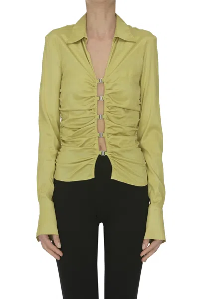 Pinko Shiny Shirt With Gathering And Back Opening In Shade Green