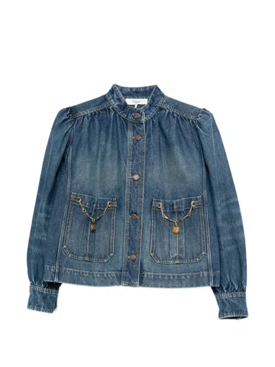 Chloé Blue Jacket With High Neck And Chain Detail On The Front In Denim Woman