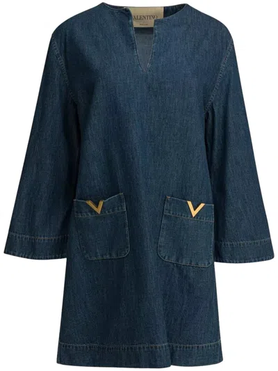 Valentino Vlogo Signature Denim Dress Three Quarter Sleeves In Blue
