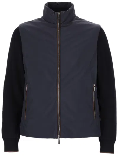 Moorer Navy Blue Solid Mock Collar Jacket In Blue