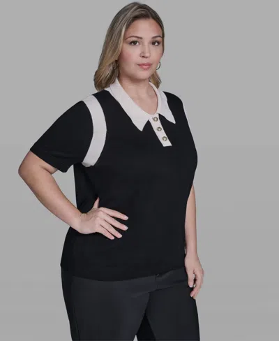 Karl Lagerfeld Plus Size Solid Short-sleeve Polo Sweater In Multi