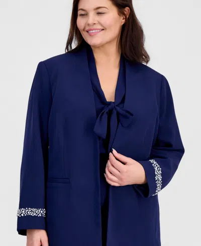 Kasper Plus Size Collarless Open-front Jacket In Blue